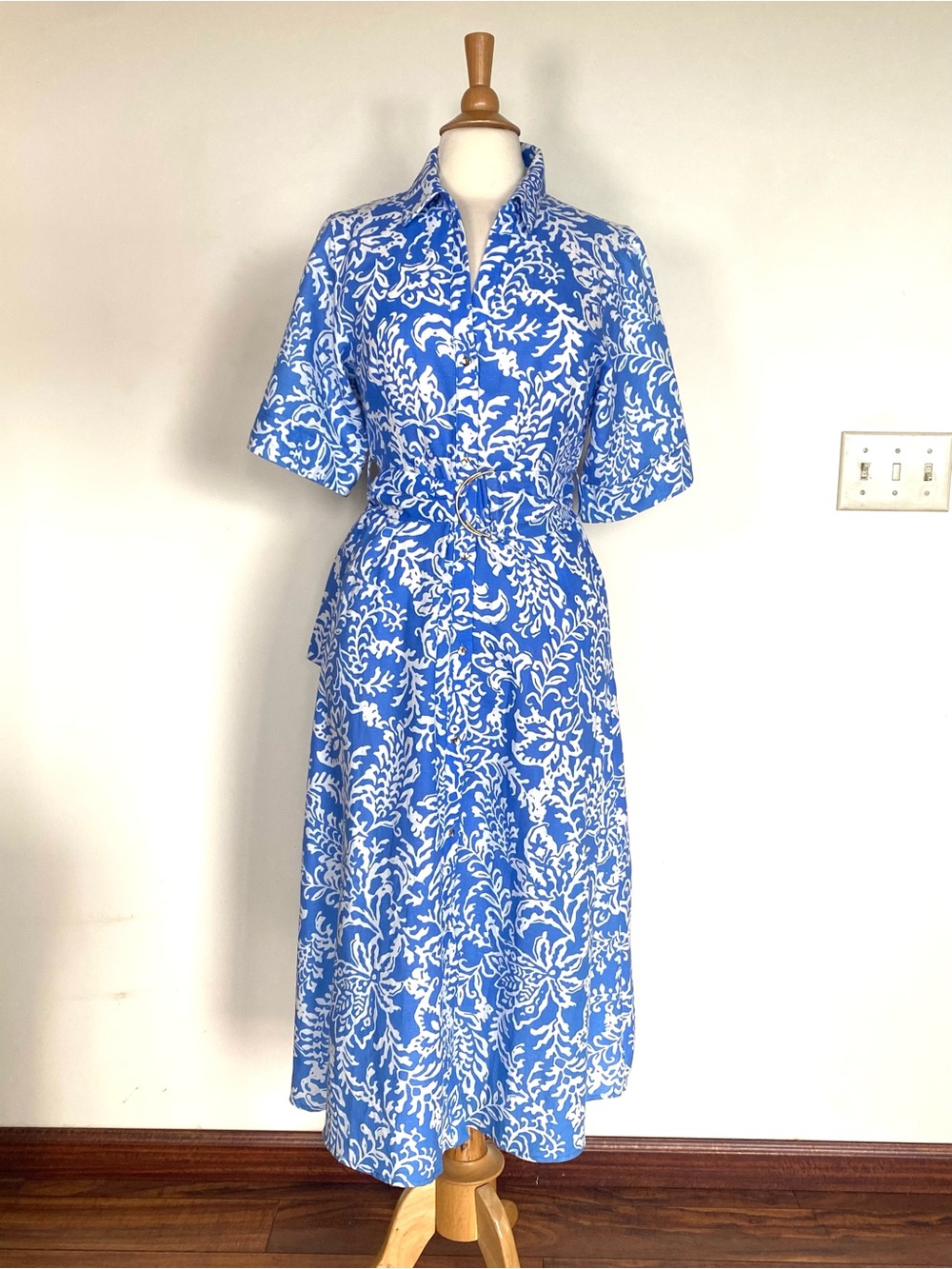 Zara Blue & White Floral Linen Button-Front Belted  Shirt Dress